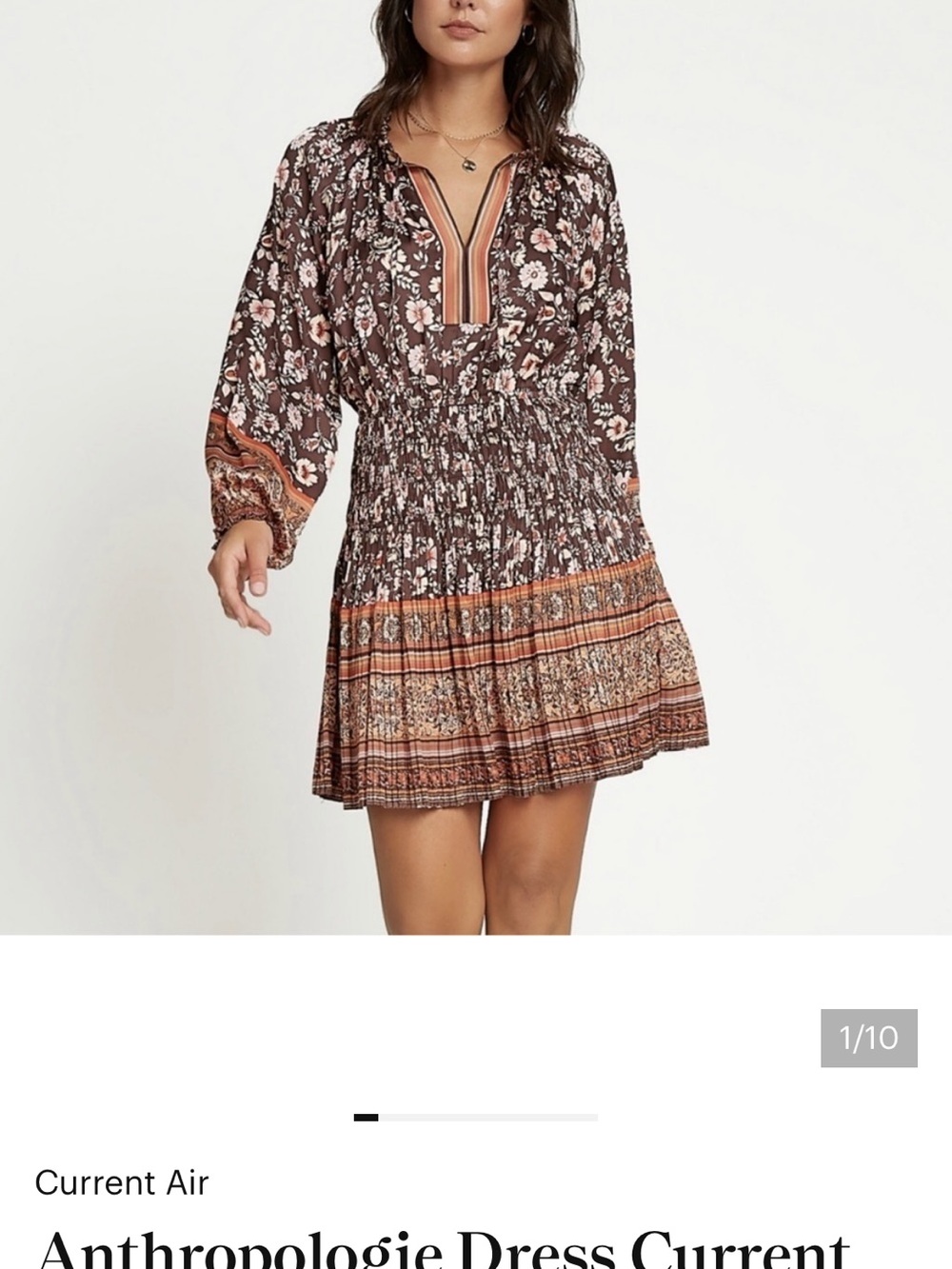 Current Air Brown Floral Smocked Mini Dress with Rust Stripe Detail